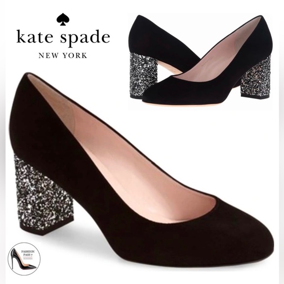 ✨ Kate Spade New York Anastasia Black Suede Glitter Block Heels size 7M - Picture 1 of 11